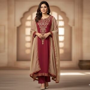 Women's Pakistani Indian 3-Piece Salwar Kameez Dupatta, Medium, Maroon
